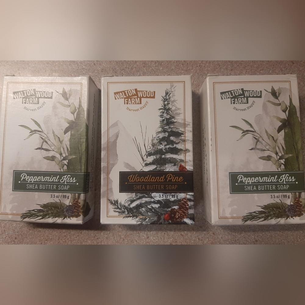 3 Bars of Walton Wood Farm Harvest Happy Peppermint Kiss and Woodland Pine
